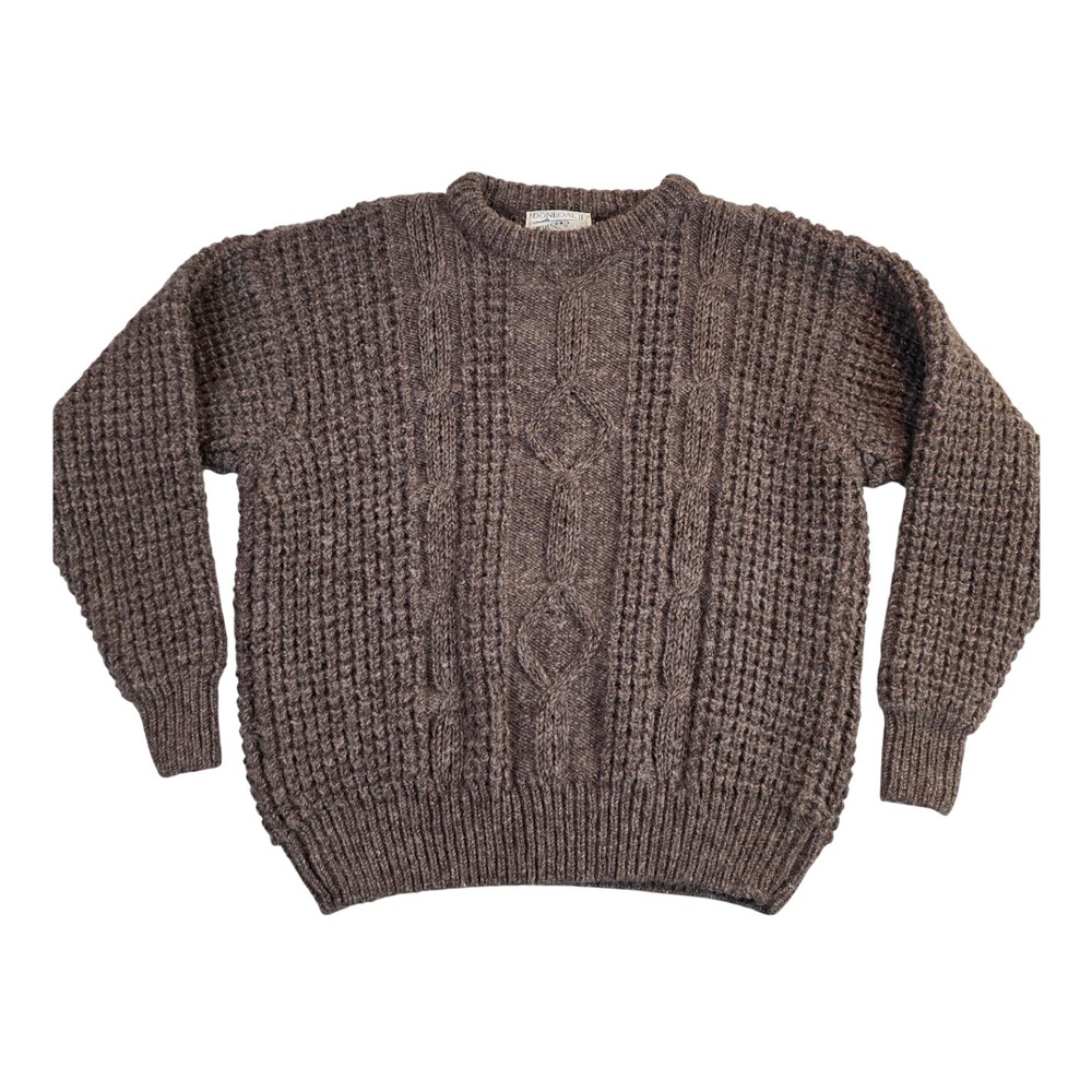 Donegal II Irish Wool Sweater XL Brown Cable Knit Fisherman Hand Loomed Ireland
